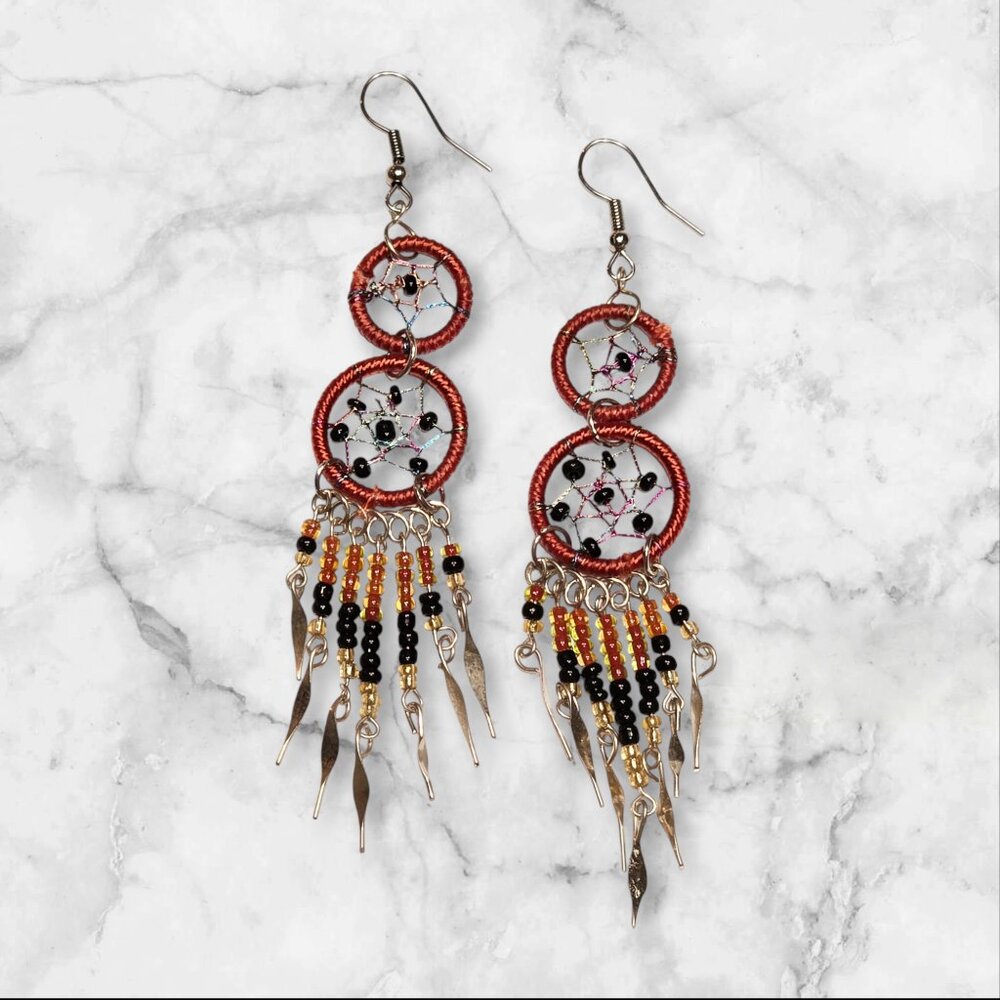 Dream Catcher Earrings Burnt Orange with Orange and Black Beads [LWDCE-001]